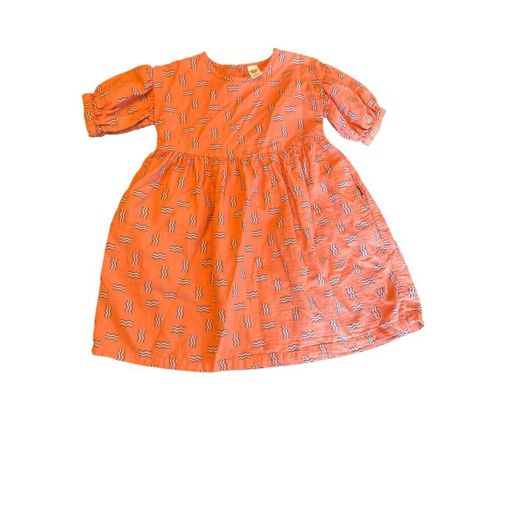 Open Edit Girls Organic Cotton Dress‎ Wavy Print Coral/Blue Size 7